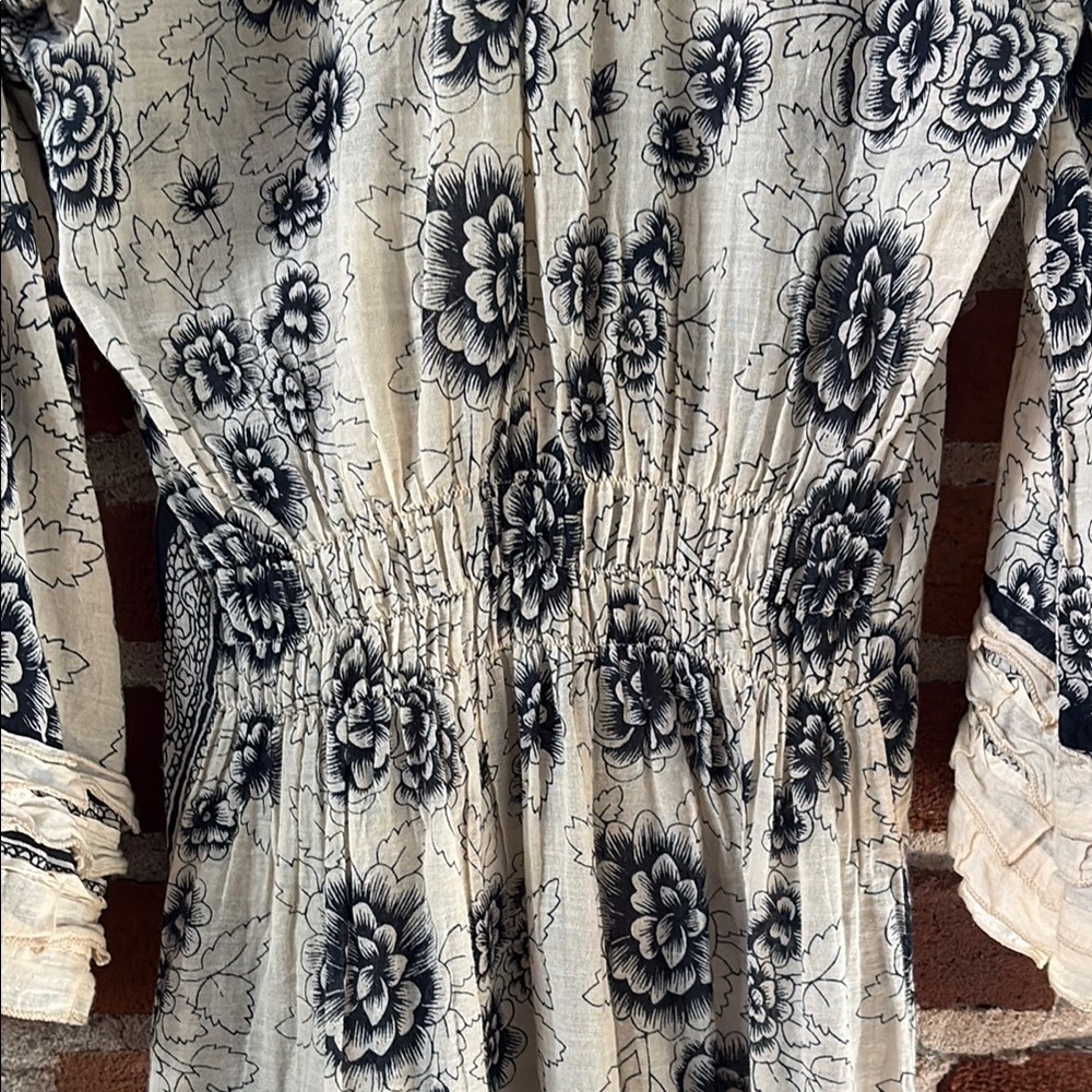 Vintage Cream and Blue Dress with 3/4 Sleeves and Crew Neck - Picture 7 of 7